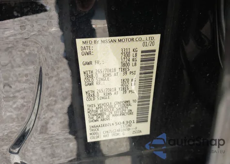 2020 Nissan Titan Sv 4X4 z USA, uszkodzony, nr VIN 1N6AA1ED2LN504301